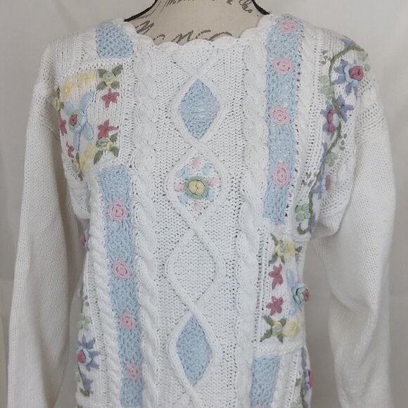 Erika | Vintage Hand Knit Cotton Floral Embroidered Crochet Sweater | Size L - Picture 2 of 10